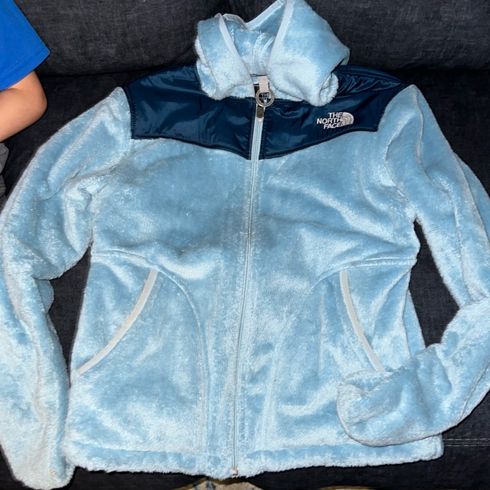 Blue women’s north face fleece hooded jacket size medium
